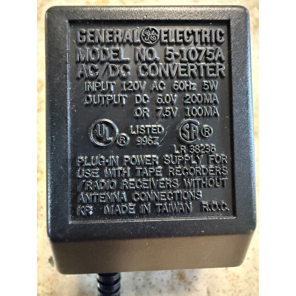 General Electric GE 5-1075A AC/DC Converter Power Supply 6V 7.5V Tape Recorder